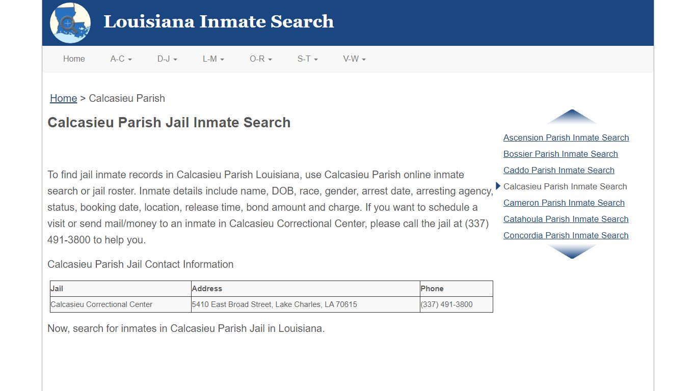 Calcasieu Parish LA Jail Inmate Search