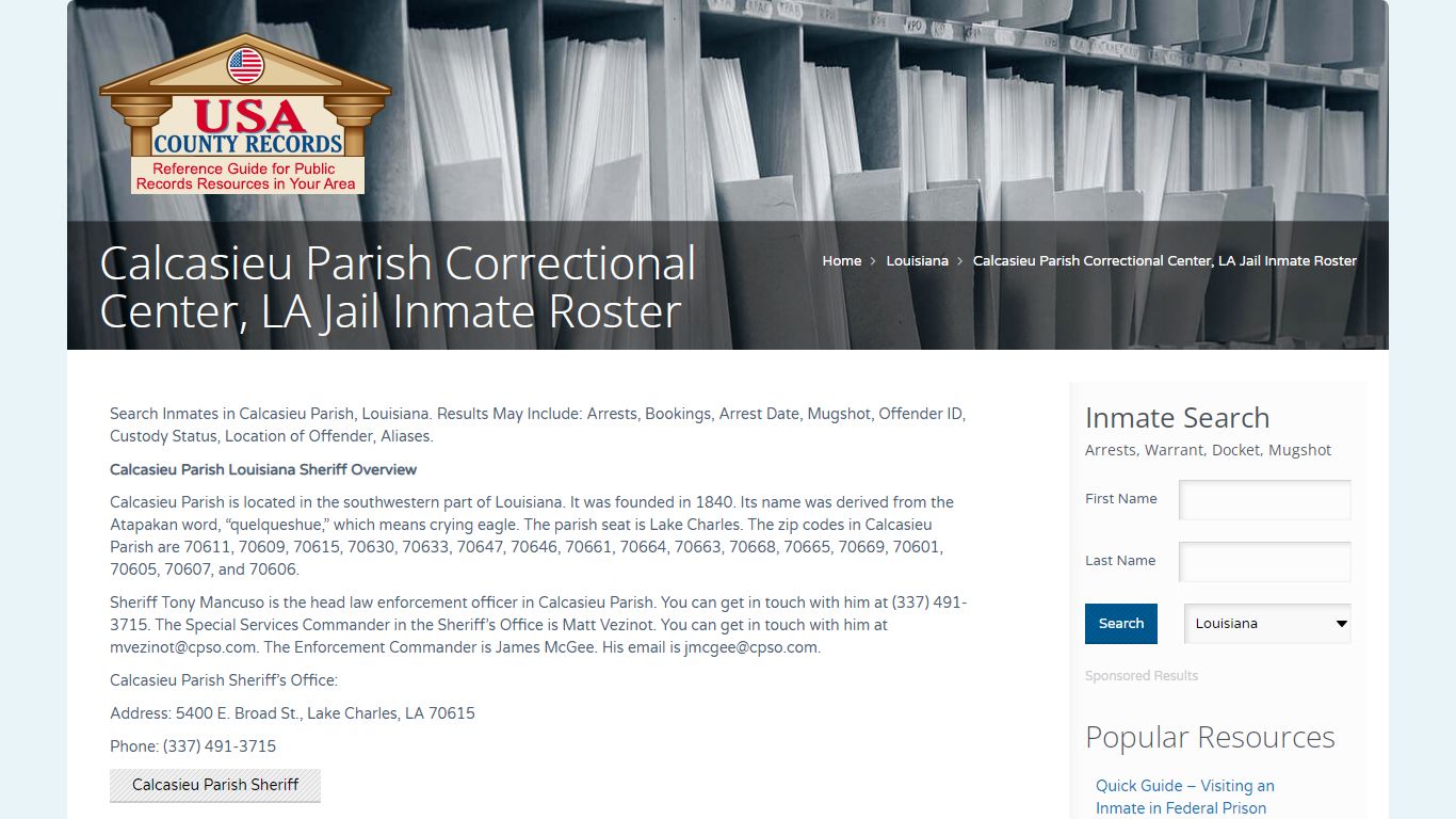 Calcasieu Parish Correctional Center, LA Jail Inmate Roster